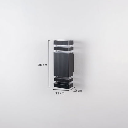 Black wall light dimension image showing 30 cm height  11 cm width  and 10 cm depth with modern design.
