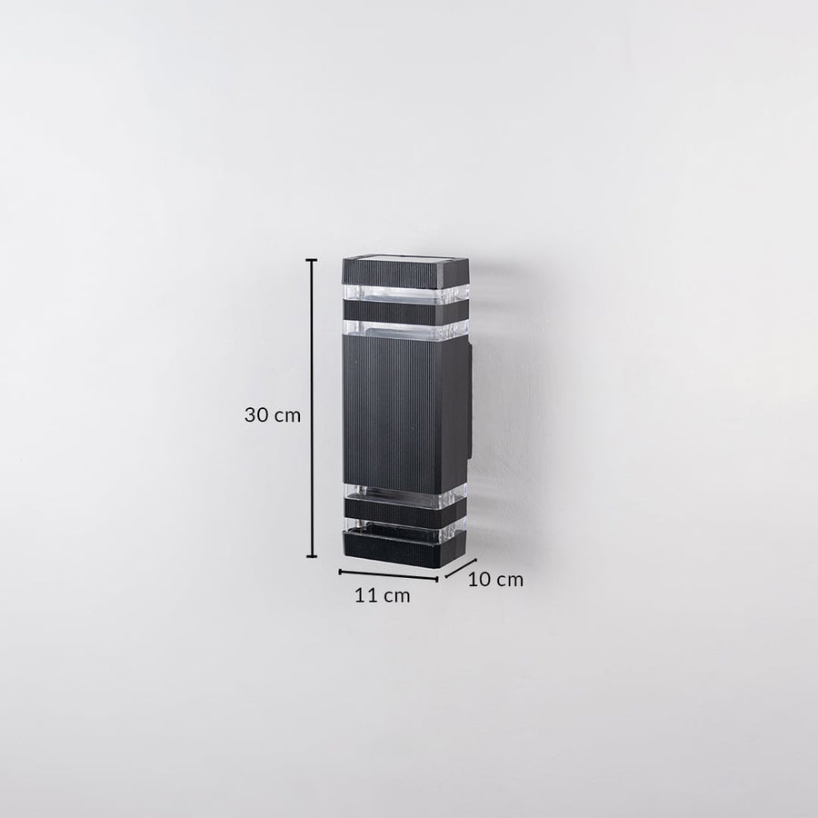 Black wall light dimension image showing 30 cm height  11 cm width  and 10 cm depth with modern design.