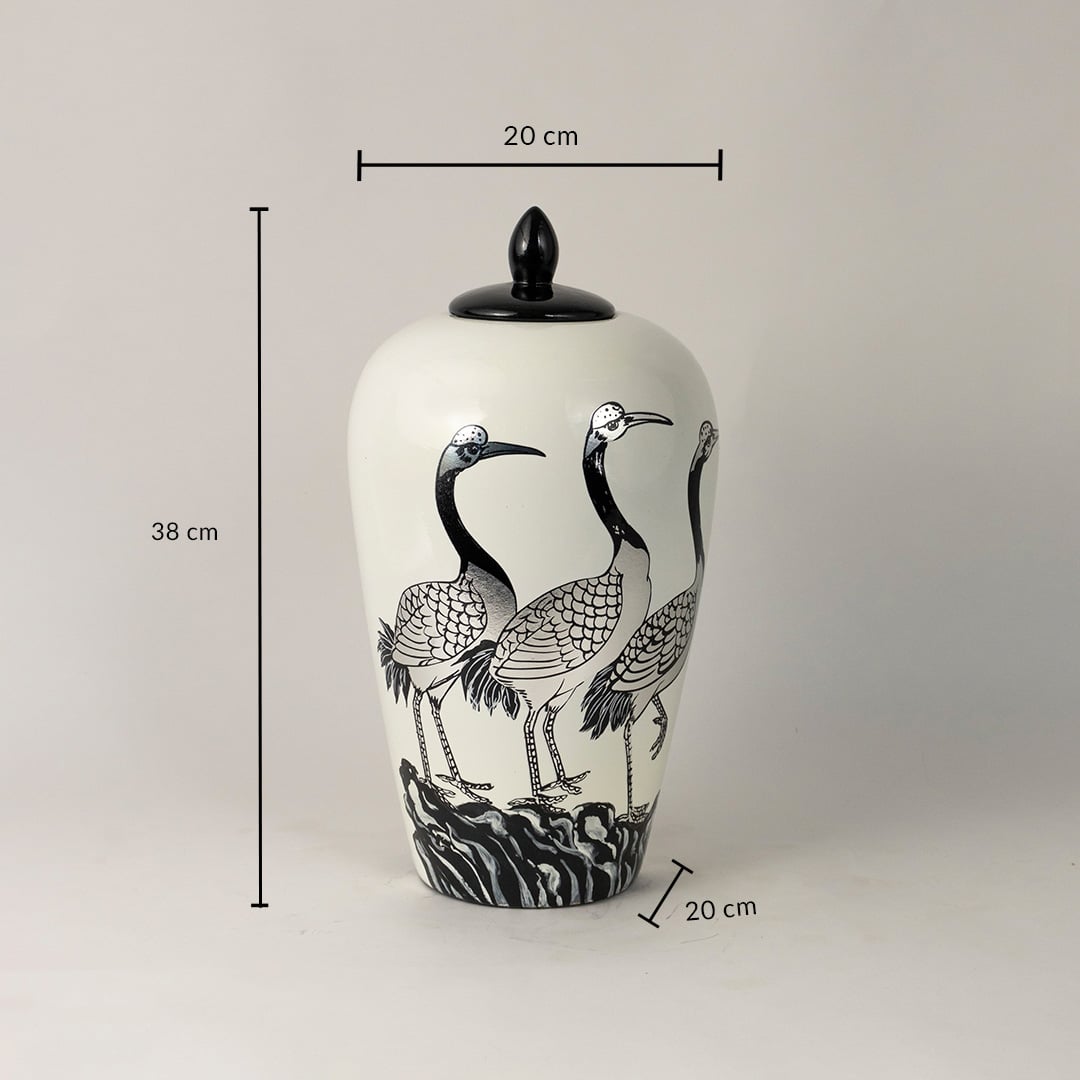 White ceramic decorative jar with black crane artwork showing product dimensions for elegant contemporary home decor displays.