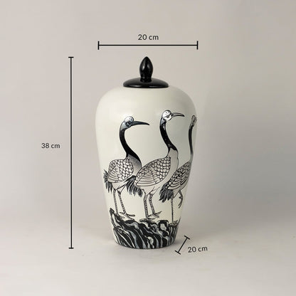 White ceramic decorative jar with black crane artwork showing product dimensions for elegant contemporary home decor displays.
