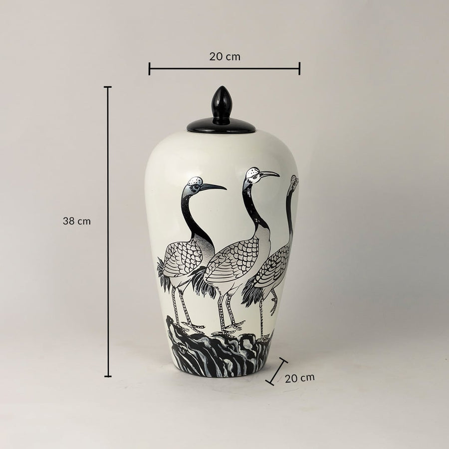 White ceramic decorative jar with black crane artwork showing product dimensions for elegant contemporary home decor displays.