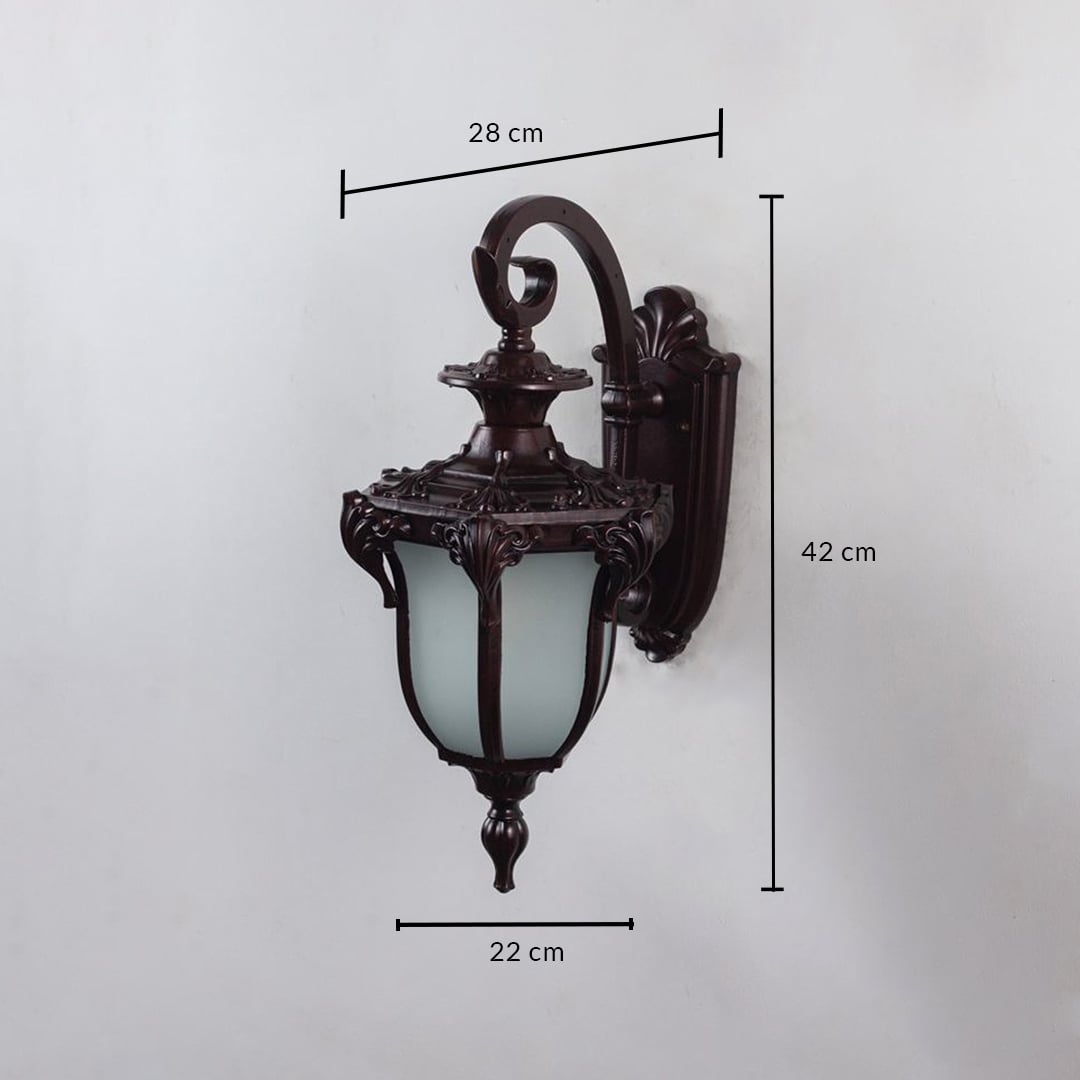 Outdoor wall lantern with bronze frame and frosted glass shown with 42cm height and 28cm width for placement.
