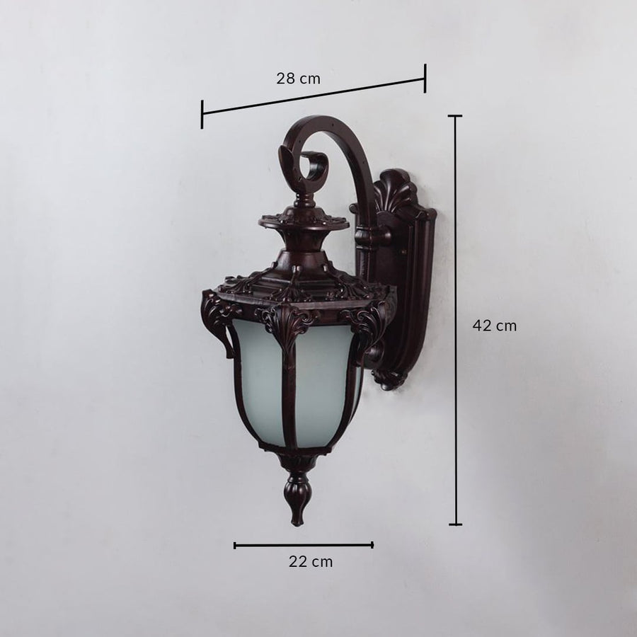Outdoor wall lantern with bronze frame and frosted glass shown with 42cm height and 28cm width for placement.