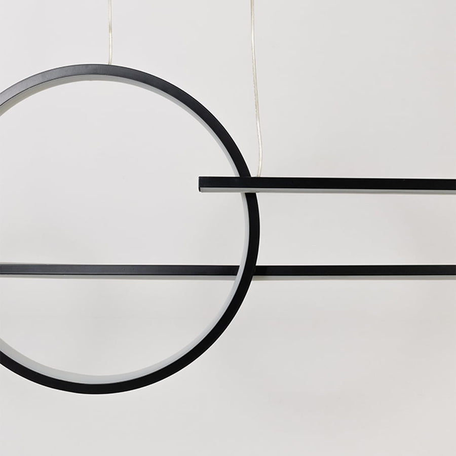 Closeup view of the chandelier highlighting the smooth metal rings and slim linear rods with precise detailing in a modern style.