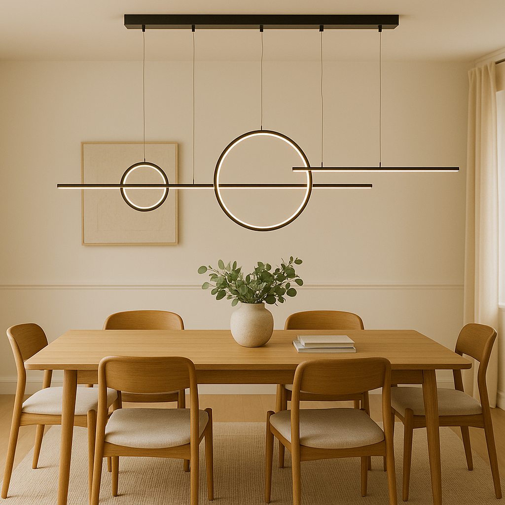 Chandelier styled in a modern room setting showing its sleek twin ring design and balanced linear frame for a clean contemporary look.