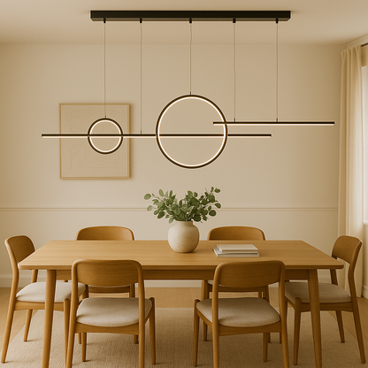 Chandelier styled in a modern room setting showing its sleek twin ring design and balanced linear frame for a clean contemporary look.