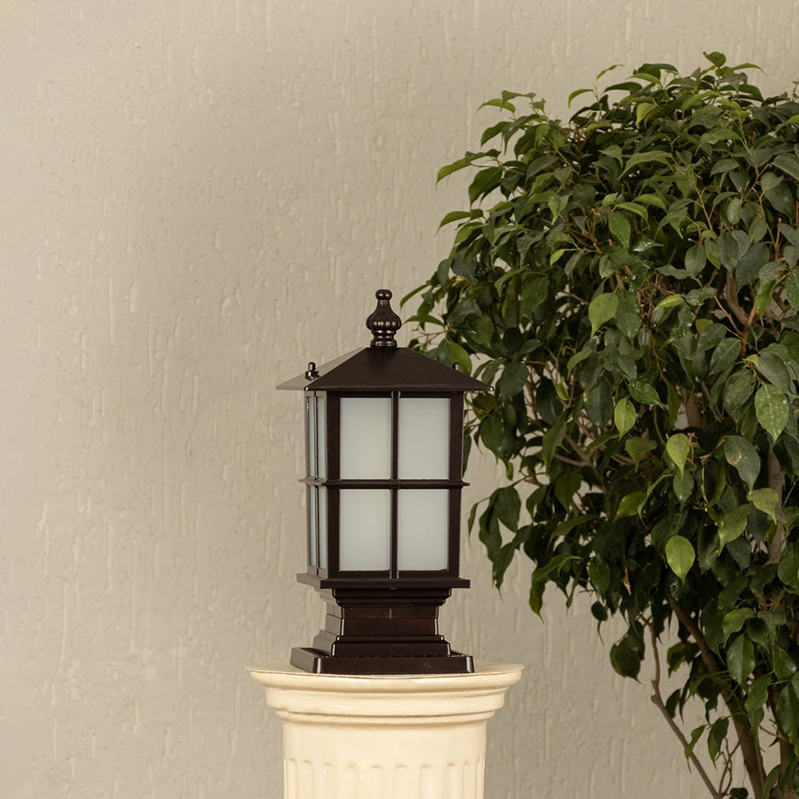 Black outdoor gate light styled beside green plants for elegant modern exterior decor ambiance.