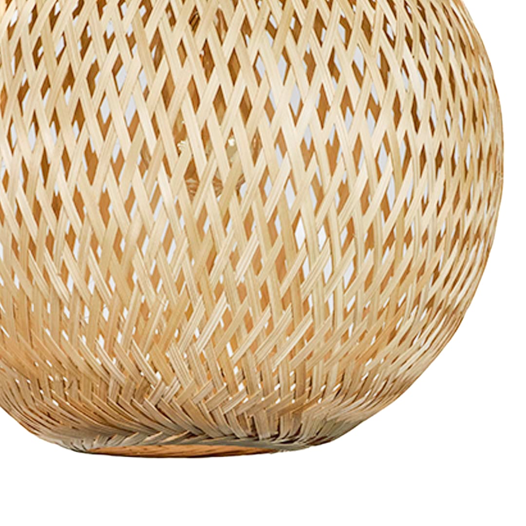 Closeup of handwoven rattan pendant light showcasing natural beige texture and artisan craftsmanship.