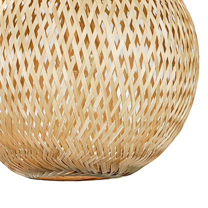 Closeup of handwoven rattan pendant light showcasing natural beige texture and artisan craftsmanship.