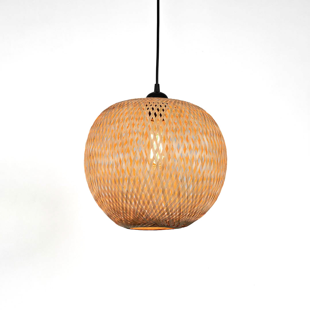 Round woven rattan pendant light with warm glow natural hanging lamp for living room bedroom boho decor lighting.