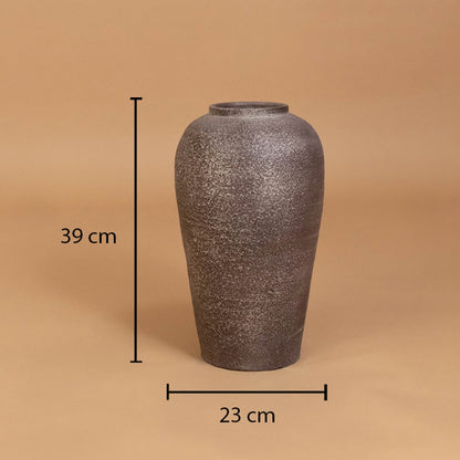 Brown rustic tall decorative vase shown with 39 cm height and 23 cm width for accurate placement in modern home interior decor environments.