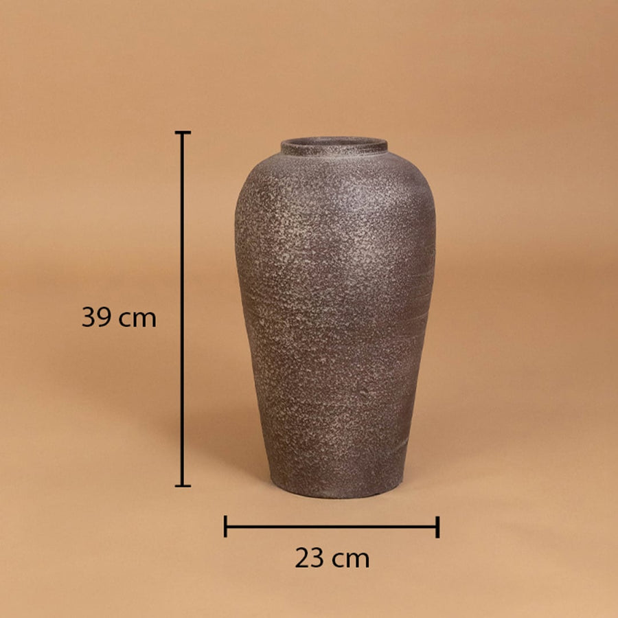 Brown rustic tall decorative vase shown with 39 cm height and 23 cm width for accurate placement in modern home interior decor environments.