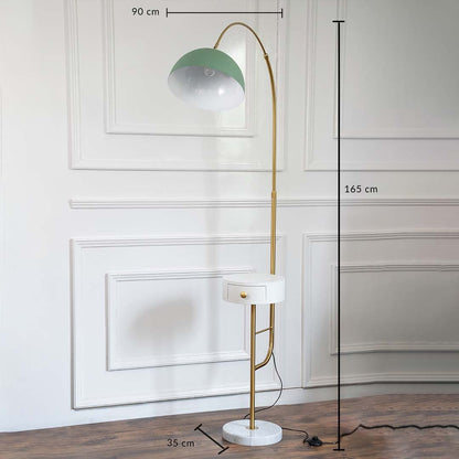 Green floor lamp with measurements of 90 cm height and 35 cm base styled in a minimalist living room.