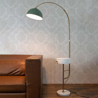 Elegant living room with green floor lamp comfortable beige sofa and wooden coffee table.