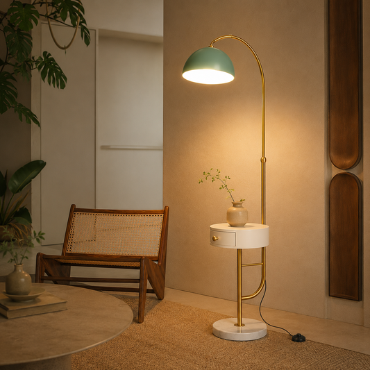 Modern white floor lamp with green metal shade beside wooden bench creating cozy ambient lighting for stylish interiors.