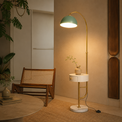Modern white floor lamp with green metal shade beside wooden bench creating cozy ambient lighting for stylish interiors.