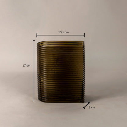 Ribbed glass vase 17 cm height 13.5 cm width 8 cm depth smoke brown rectangular curved design light on white background placement.