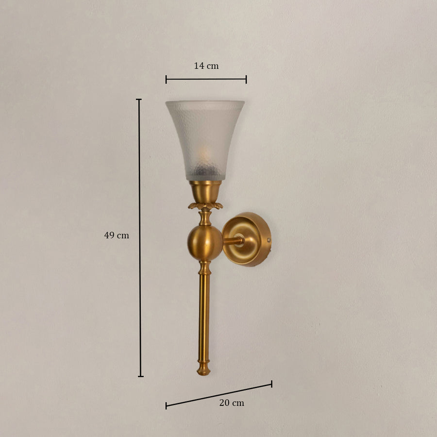 Gold metal wall light with frosted glass shade dimension height 67 cm width 18 cm depth 21 cm on white background.