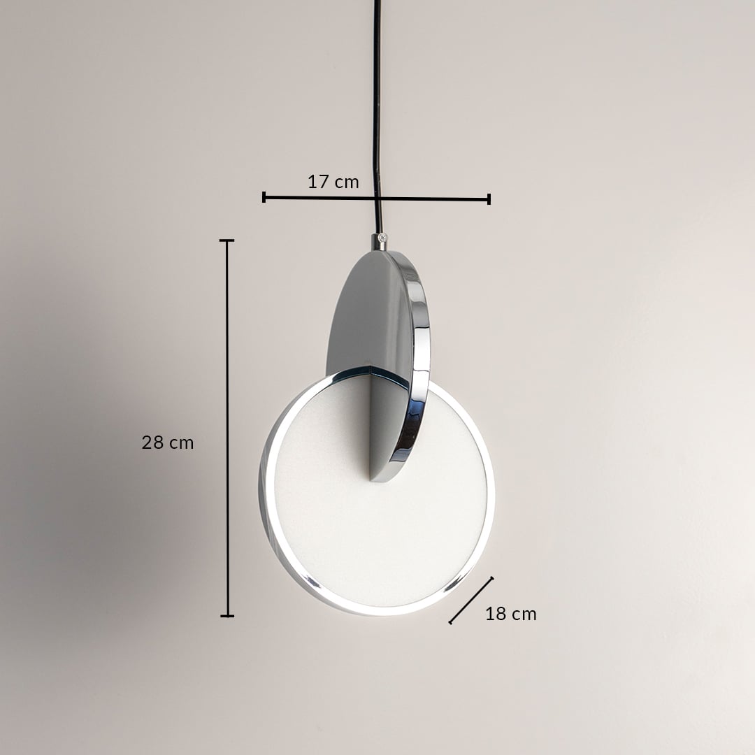 Luna disc pendant light turned off with dimensions height 28 cm width 18 cm and top diameter 17 cm sleek circular design with frosted diffuser and metallic edge detailing.