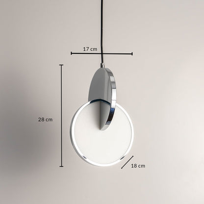 Luna disc pendant light turned off with dimensions height 28 cm width 18 cm and top diameter 17 cm sleek circular design with frosted diffuser and metallic edge detailing.