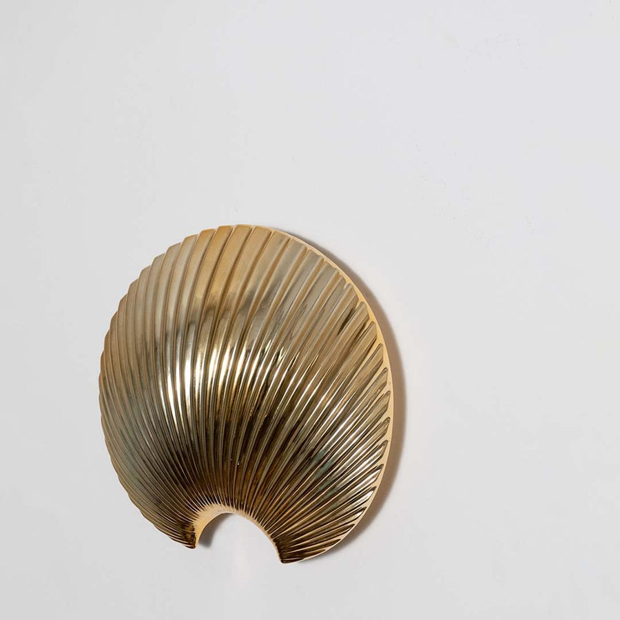 Gold shell shaped wall decor on a clean white background highlighting its reflective metallic texture and sculpted form.