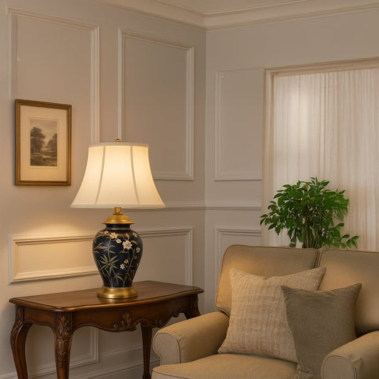 Elegant black ceramic table lamp with floral artwork shown with light on placed on a carved wooden console beside a beige sofa creating a warm cozy living room look.
