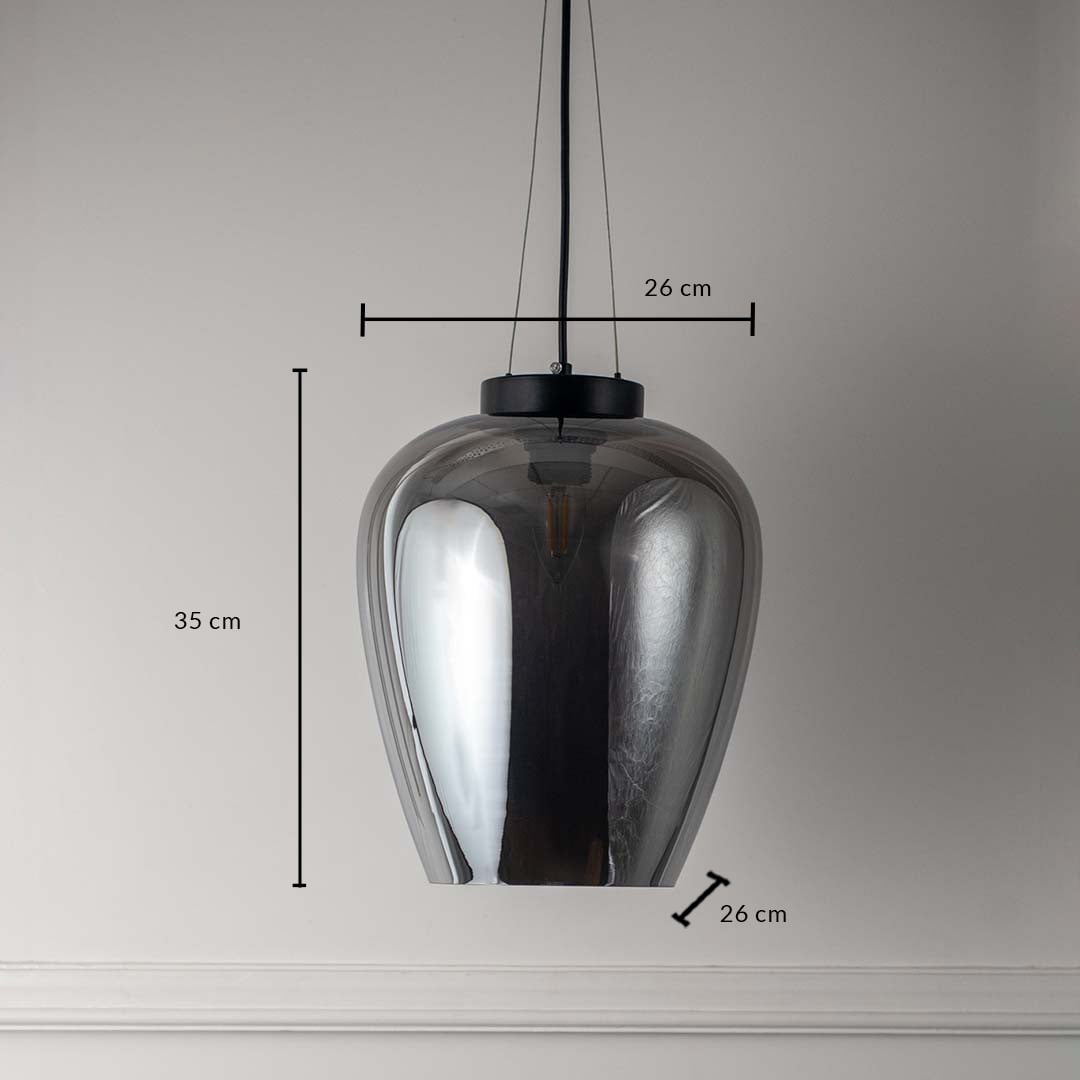 Smoked glass pendant light with black suspension shown against white wall measuring 35cm height and 26cm width.