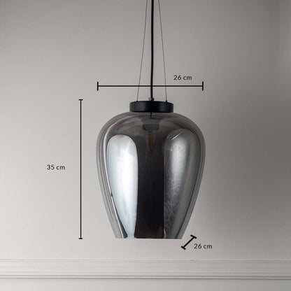 Smoked glass pendant light with black suspension shown against white wall measuring 35cm height and 26cm width.