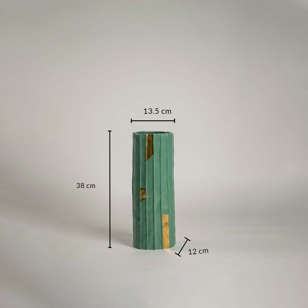Green ceramic vase with ribbed design and 38 cm height and 13.5 cm width shown clearly for accurate home decor size reference.