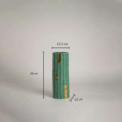 Green ceramic vase with ribbed design and 38 cm height and 13.5 cm width shown clearly for accurate home decor size reference.
