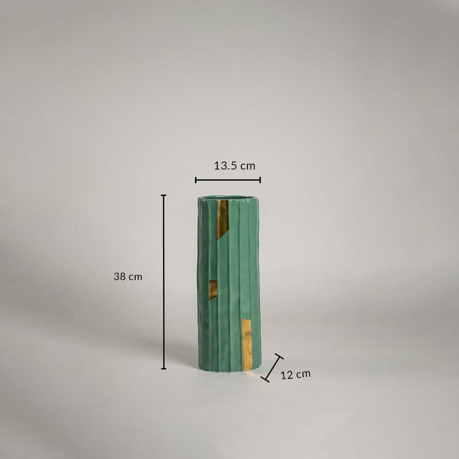 Green ceramic vase with ribbed design and 38 cm height and 13.5 cm width shown clearly for accurate home decor size reference.