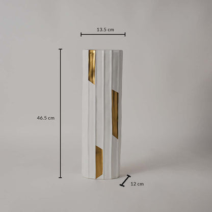 Tall ribbed vase with gold detailing shown with measurements displaying height of 46.5 cm top width of 13.5 cm and base width of 12 cm.