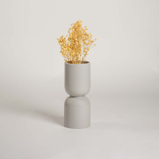 Modern light grey double form ceramic vase shown on a plain white background perfect for simple elegant home decor accents.