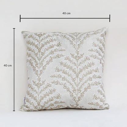 Beige embroidered cushion measuring 40 cm by 40 cm shown with clear size markings on a clean white background.