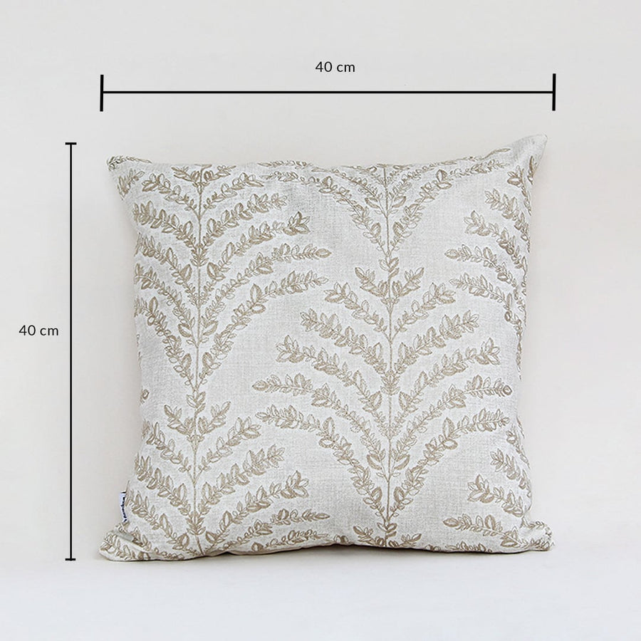 Beige embroidered cushion measuring 40 cm by 40 cm shown with clear size markings on a clean white background.