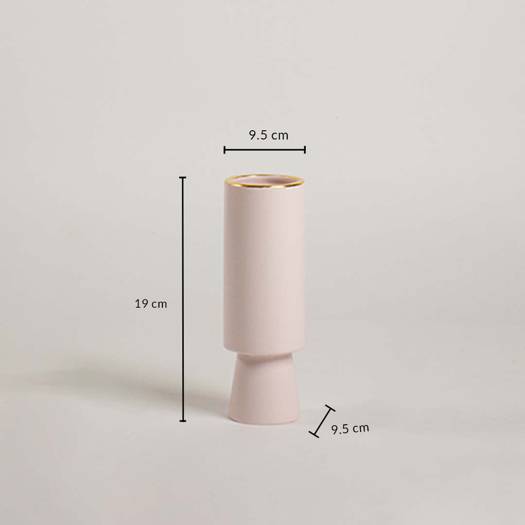 Blush ceramic vase shown with 19 cm height and 9.5 cm width clearly displaying its tall cylindrical shape and smooth matte finish.
