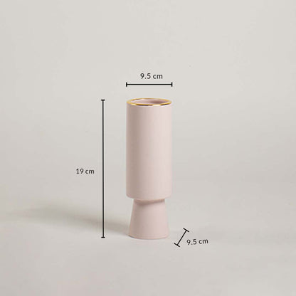 Blush ceramic vase shown with 19 cm height and 9.5 cm width clearly displaying its tall cylindrical shape and smooth matte finish.