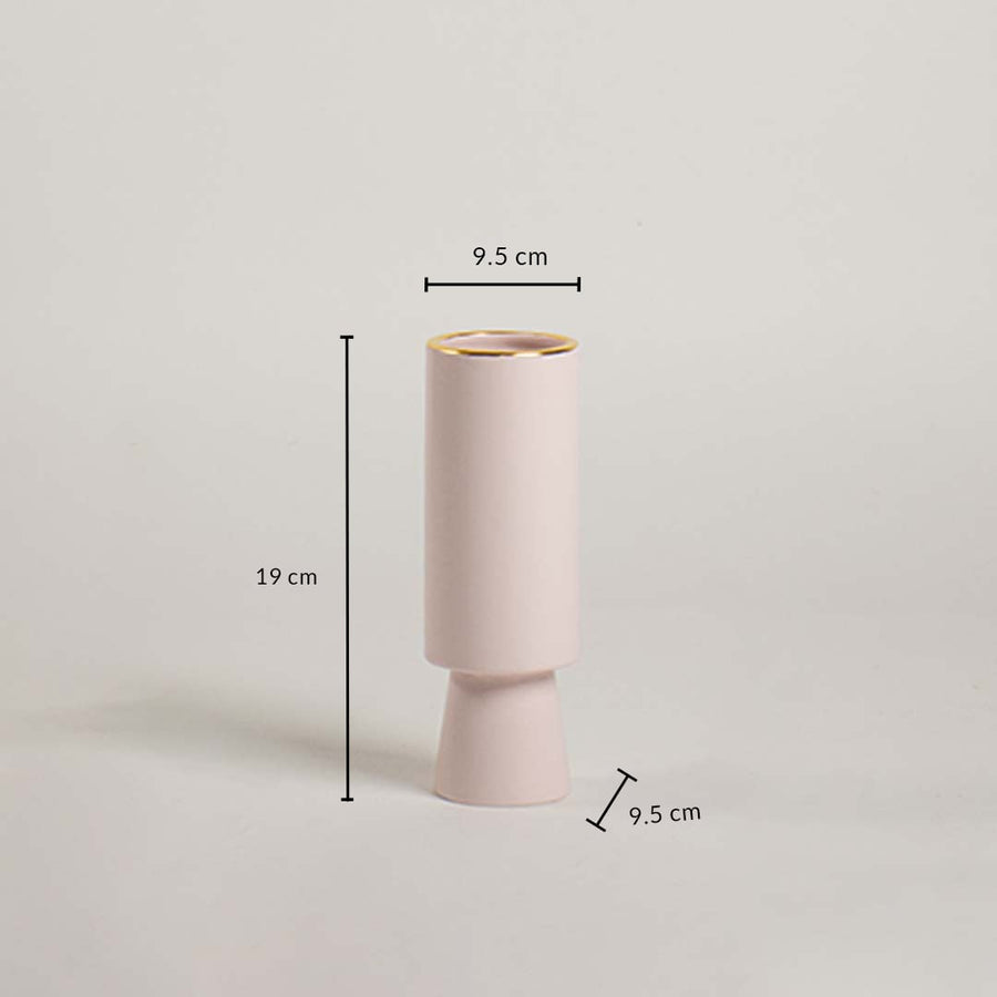Blush ceramic vase shown with 19 cm height and 9.5 cm width clearly displaying its tall cylindrical shape and smooth matte finish.