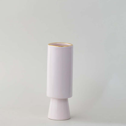 Pastel pink tiered ceramic cylinder vase featuring a delicate metallic gold rim accent on white background for chic styling.