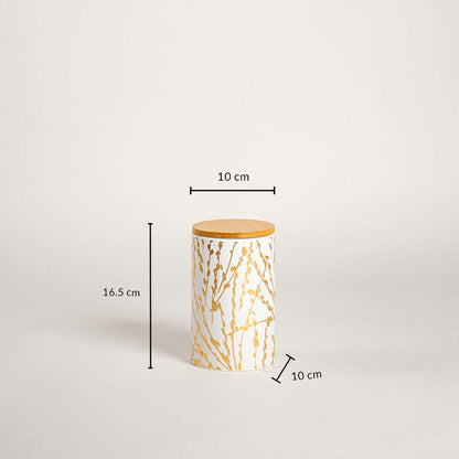 Ceramic jar with golden botanical design shown with dimensions 16.5 cm height  10 cm width  and 10 cm depth against a clean white backdrop.