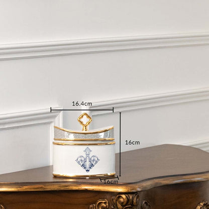 White rectangular ceramic jar with blue artwork in a front view measuring 11.4 cm width and 14 cm height perfect for refined décor styling.
