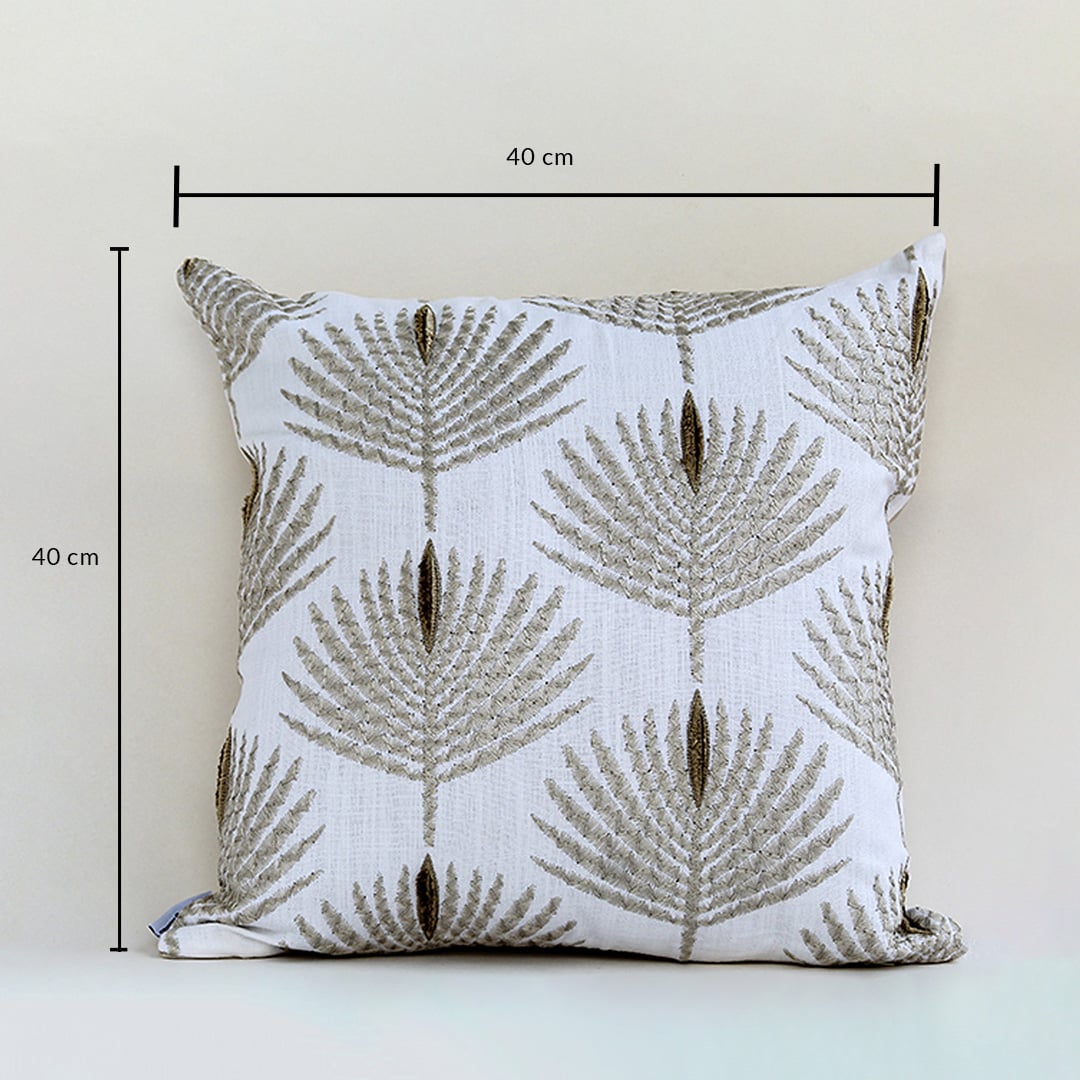 Cream cushion with raised leaf embroidery on a white background showing accurate dimensions of 40 cm height and 40 cm width for precise size reference.