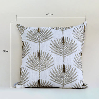 Cream cushion with raised leaf embroidery on a white background showing accurate dimensions of 40 cm height and 40 cm width for precise size reference.