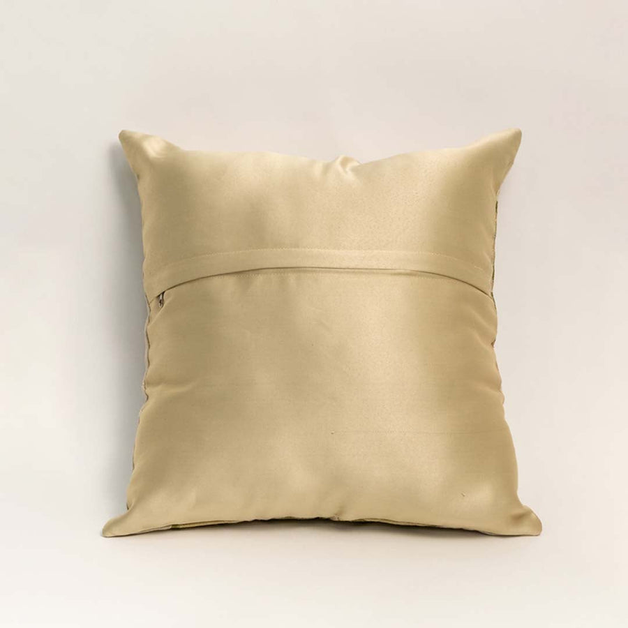Rear view of floral cushion with solid beige backing highlighting minimal look durable fabric and neat tailored edges.