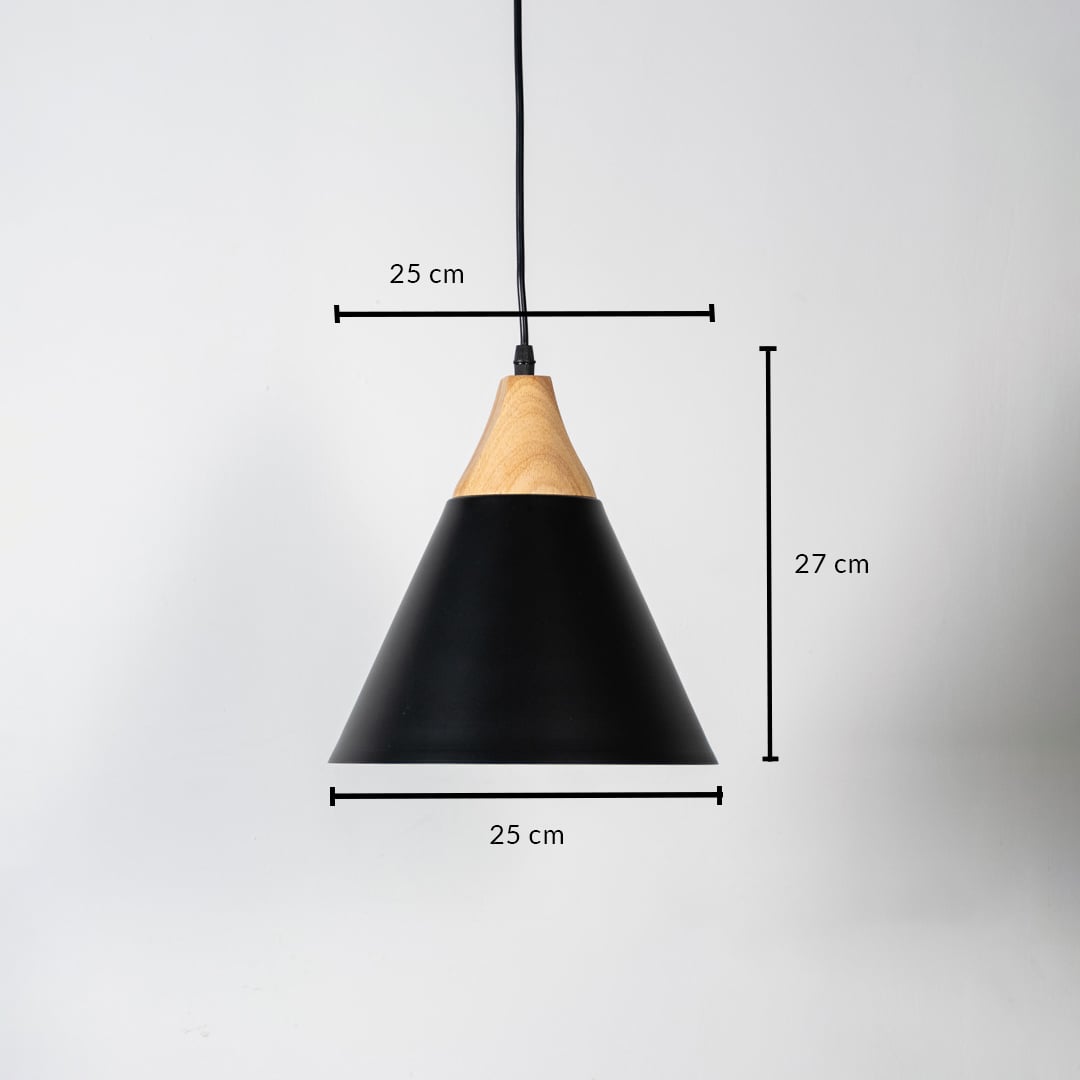 Black pendant light with wood top shown with size 25cm width and 27cm height on white background for product details.
