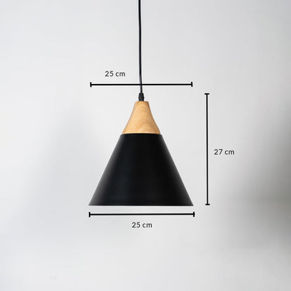 Black pendant light with wood top shown with size 25cm width and 27cm height on white background for product details.