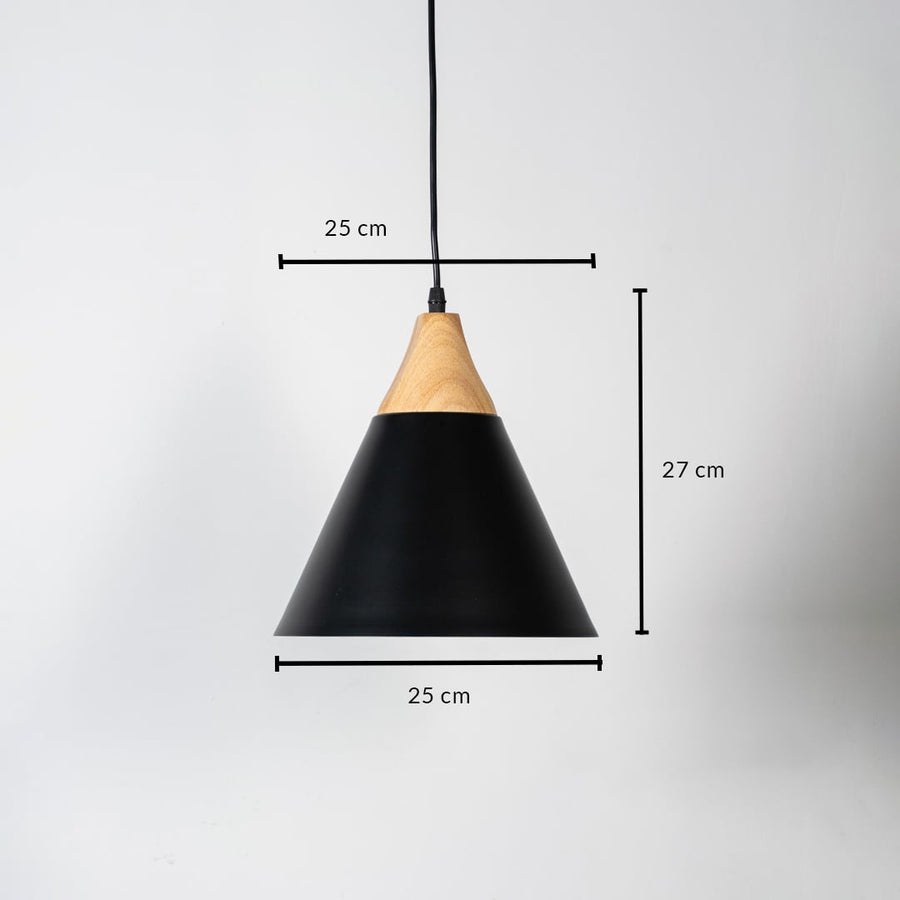 Black pendant light with wood top shown with size 25cm width and 27cm height on white background for product details.