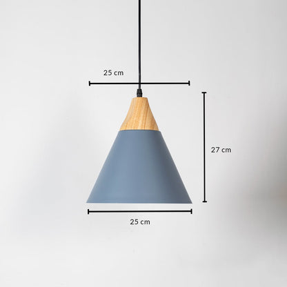 Grey pendant light with wood top shown with size 25cm width and 27cm height on white background for product details.