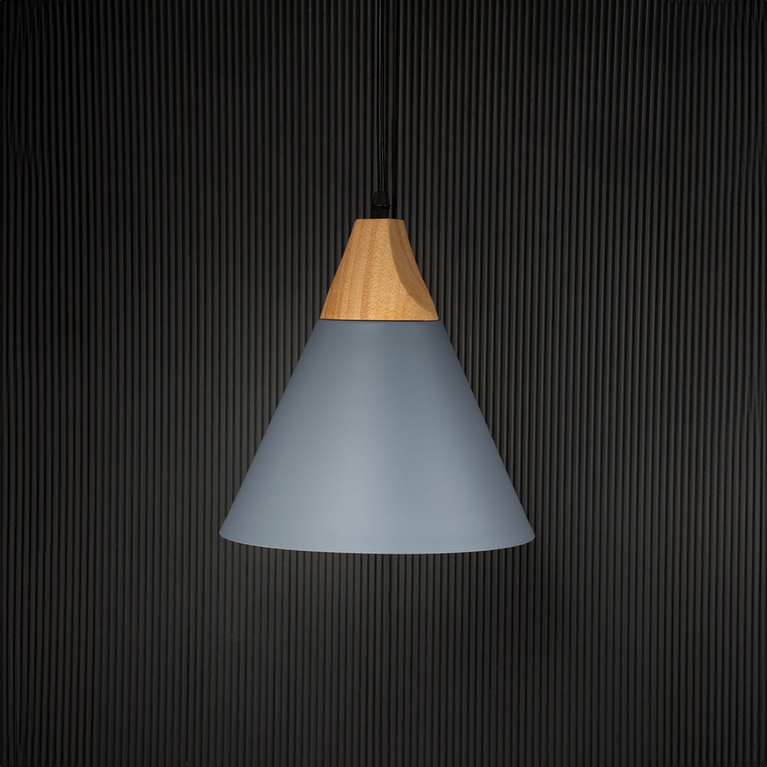 Grey pendant ceiling light with wooden accent switched off on back background for modern dining and kitchen lighting.