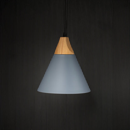 Grey pendant ceiling light with wooden accent switched off on back background for modern dining and kitchen lighting.
